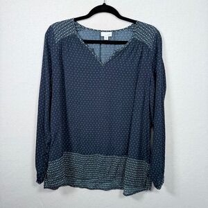 J Jill Women's Blouse Tunic‎ Size S Blue White Print Long Sleeve V Neck Peasant